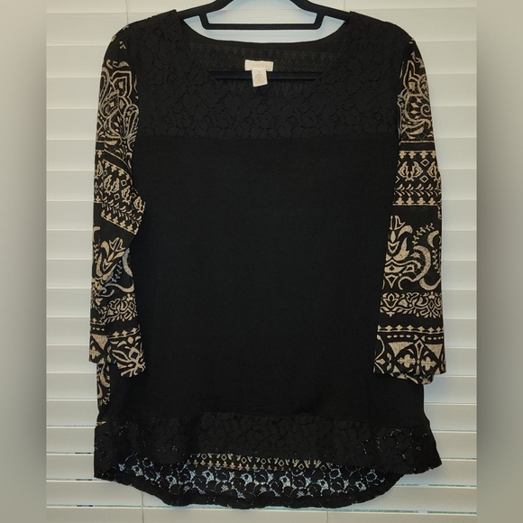 Chicos Black Top with lace accent  Sz 2 (Large) - Picture 1 of 6